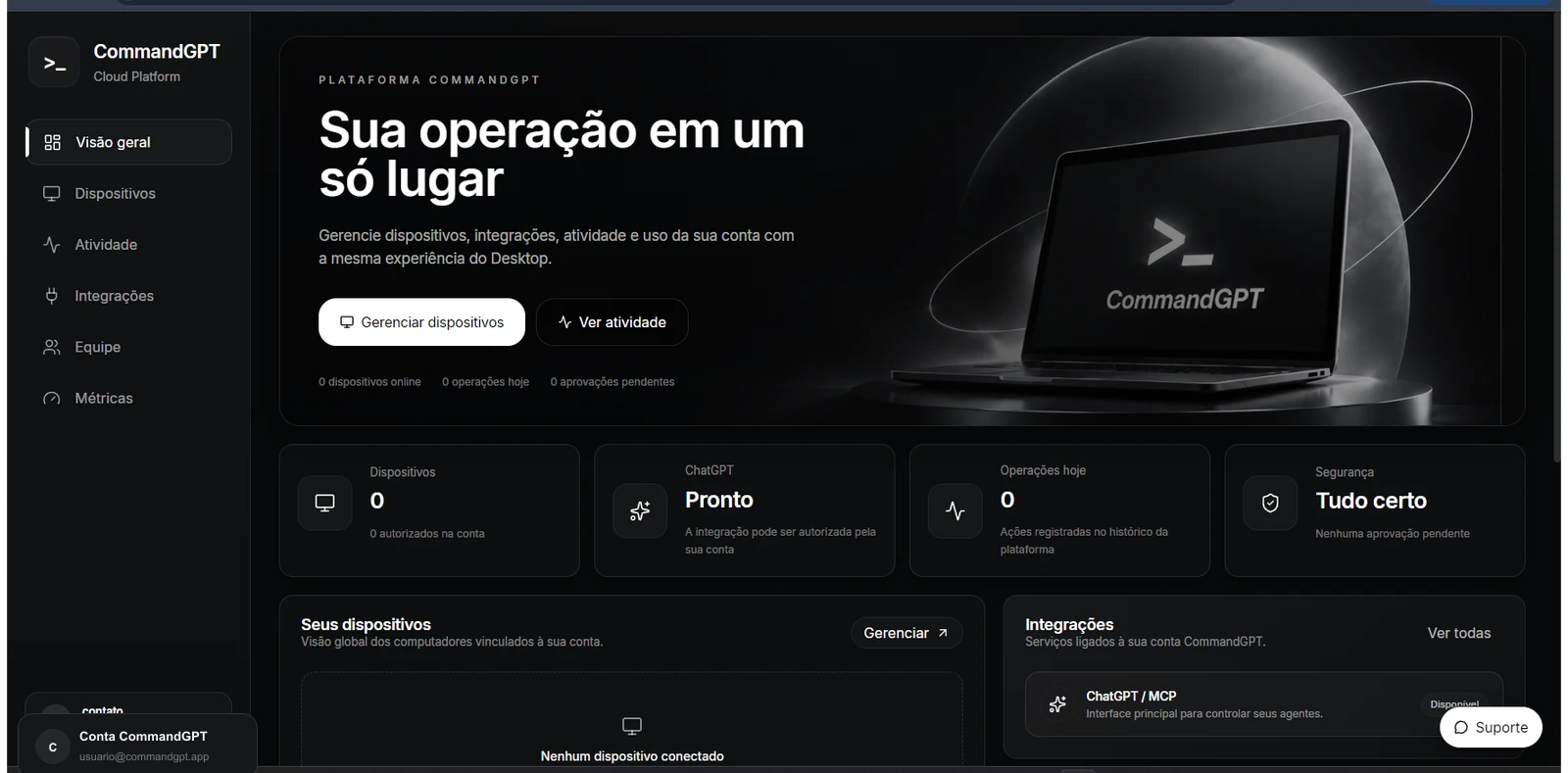 Captura real da Dashboard atual do CommandGPT com visão geral, dispositivos, integrações e suporte por IA